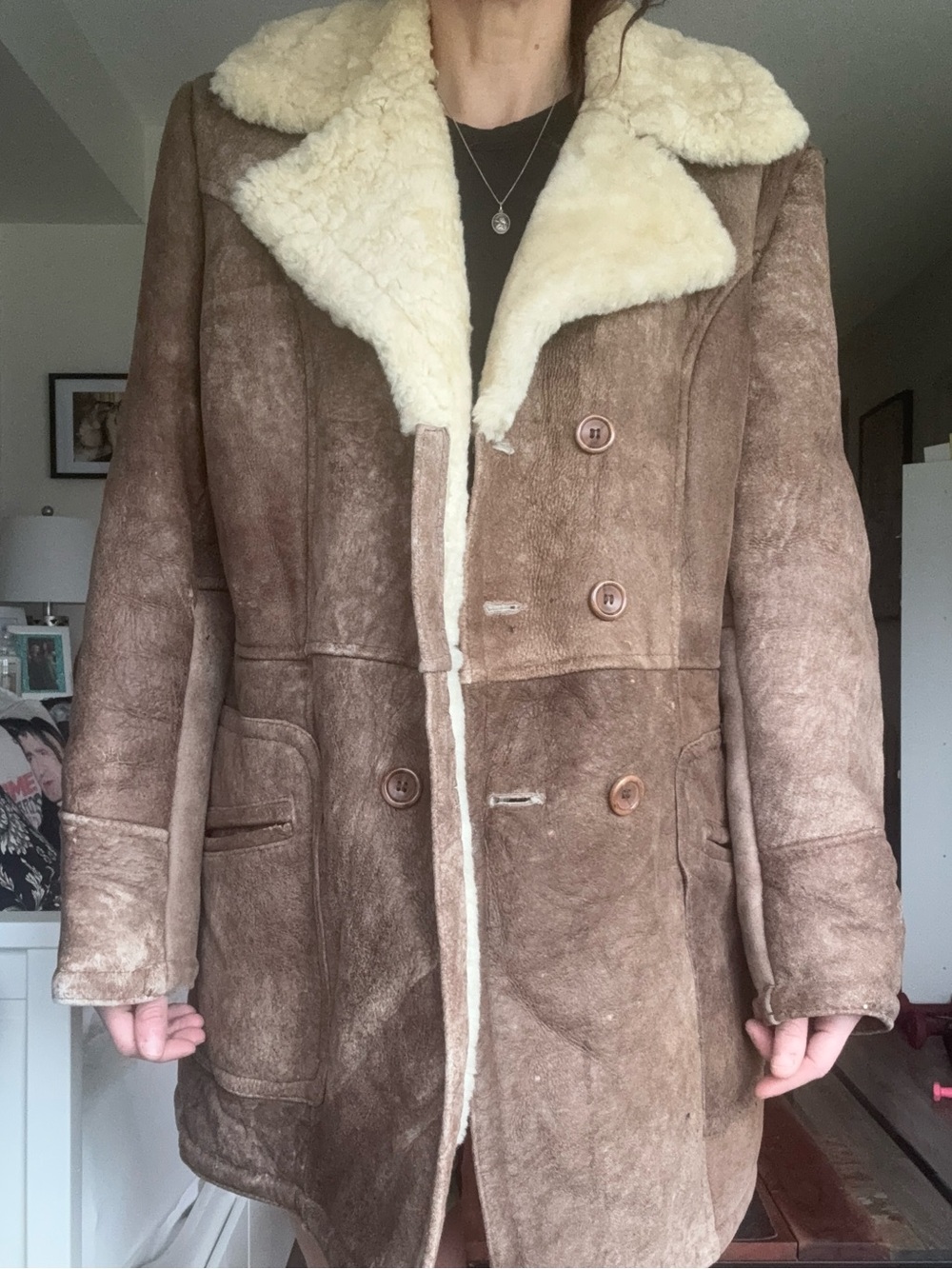 Cosa Nova Vintage Brown Shearling Suede Coat with Cream Shearling Collar